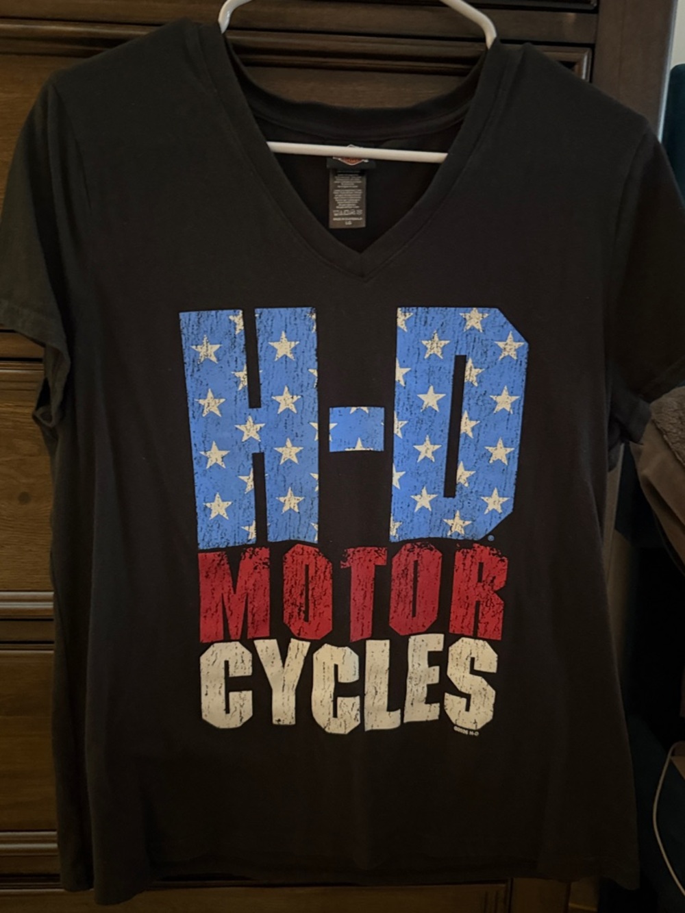 Harley-Davidson Black V-Neck Tee with Blue, Red & White Graphic